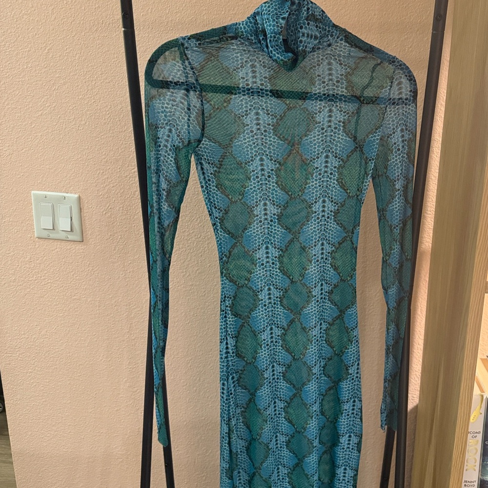 Afrm Green, Blue, Teal Python Mesh Sheer Dress Xx… - image 6
